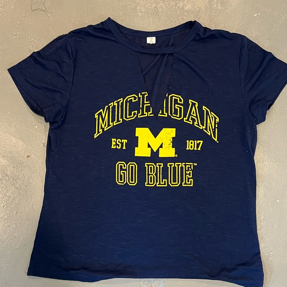 Navy University of Michigan Blue T-Shirt with V cut out.